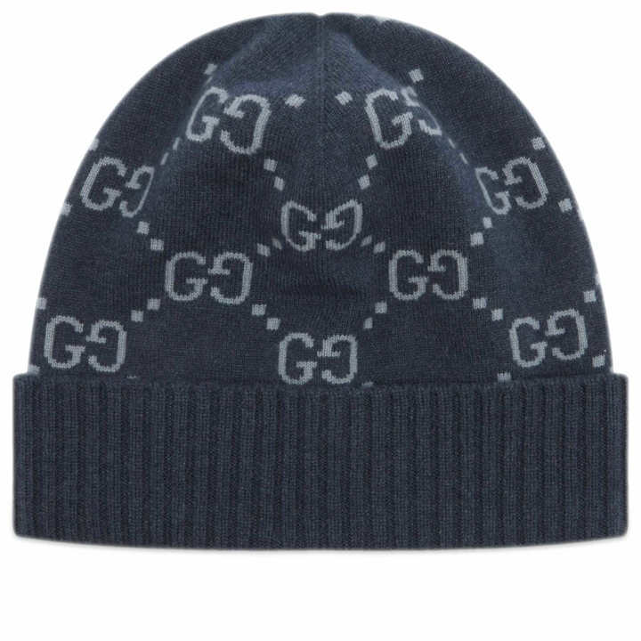 Photo: Gucci Men's GG Logo Cashmere Beanie in Navy/Sky Blue