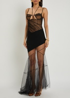 Nensi Dojaka Asymmetric Panelled Mesh Maxi Dress Black