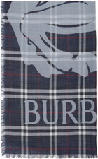 Burberry Navy Wide EKD Check Wool Silk Scarf