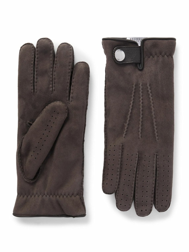 Photo: Brunello Cucinelli - Leather-Trimmed Suede Gloves - Brown