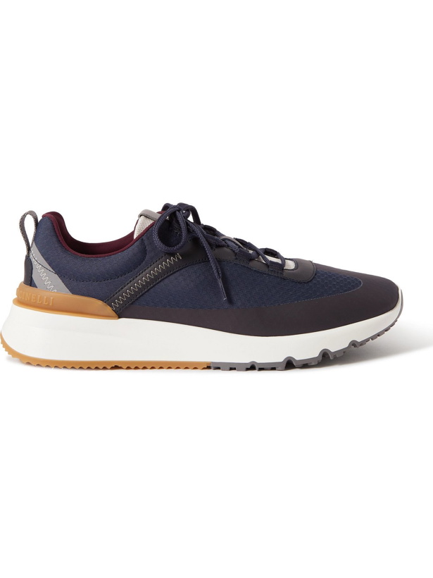 Photo: BRUNELLO CUCINELLI - Leather-Trimmed Mesh and Canvas Sneakers - Blue