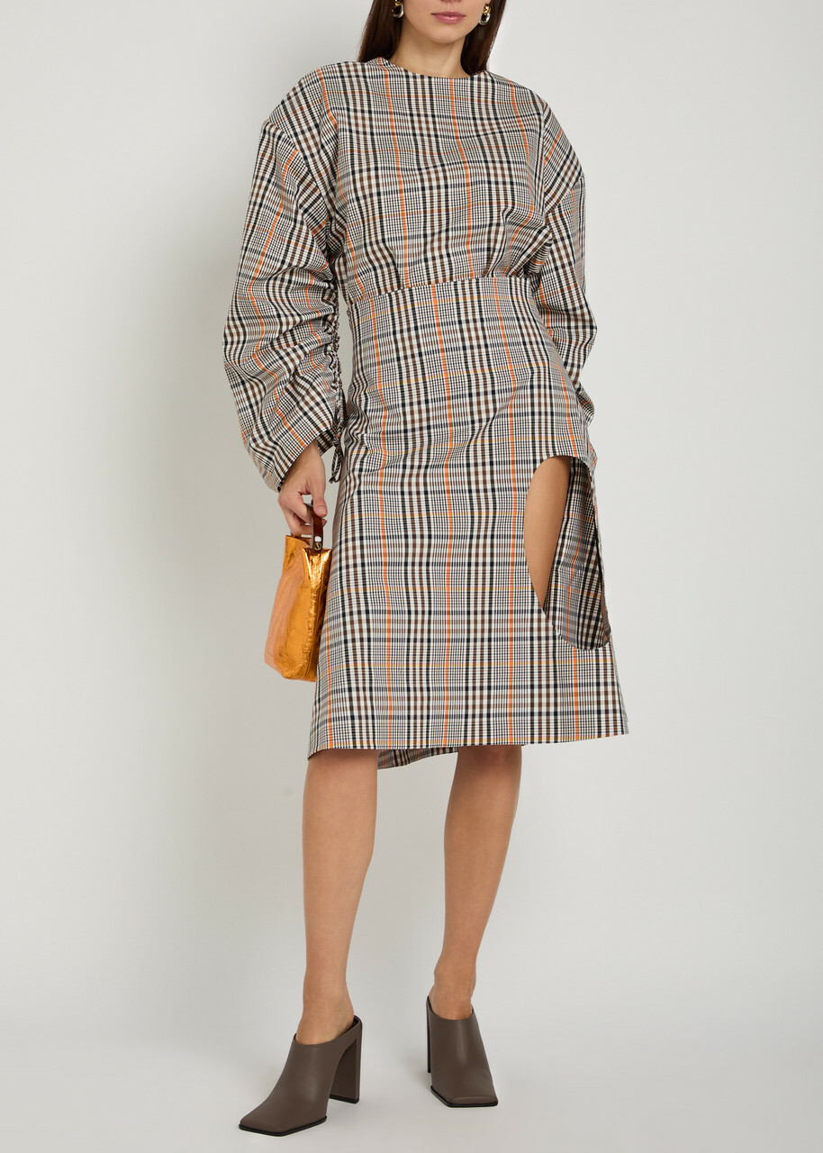 A.W.A.K.E Mode Plaid Cut-out Cotton-blend Midi Skirt Beige