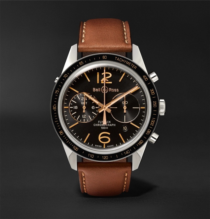 Photo: Bell & Ross - BR 126 Sport Heritage GMT and Flyback Chronograph Steel and Leather Watch, Ref. No. BRV126-FLY-GMT/SCA - Black