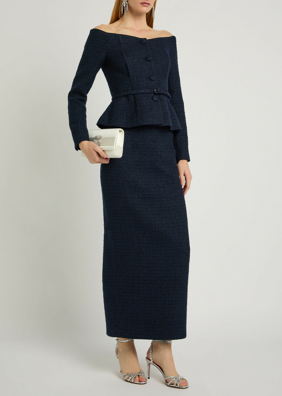 Roland Mouret Ceremony Metallized Bouclé Midi Skirt Navy