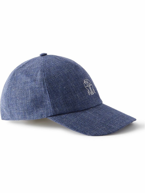 Photo: Brunello Cucinelli - Logo-Embroidered Leather-Trimmed Linen-Twill Baseball Cap - Blue