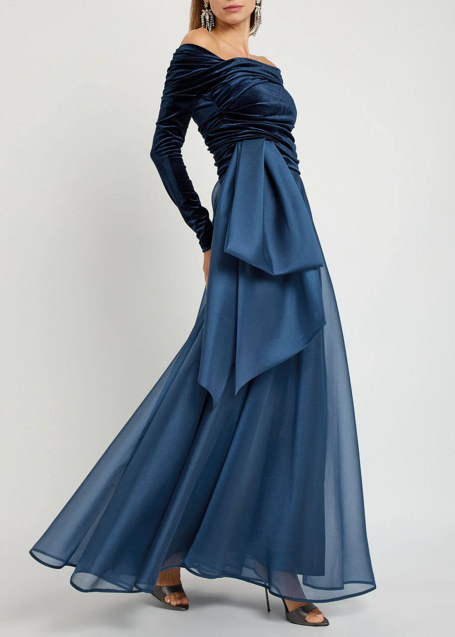 Talbot Runhof Draped Velvet and Organza Gown Navy