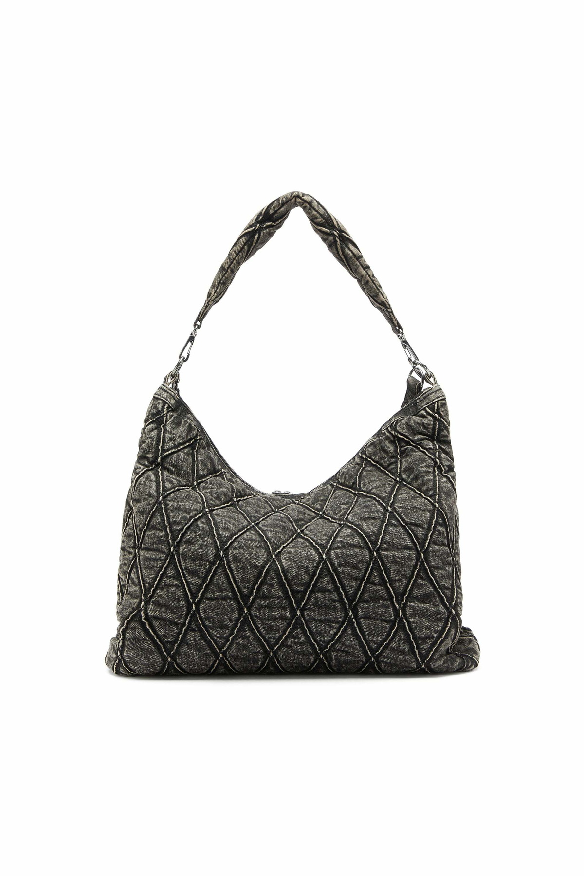 Diesel Charm-D - Hobo bag in acid-wash quilted denim - Shoulder Bags Womens in Grey