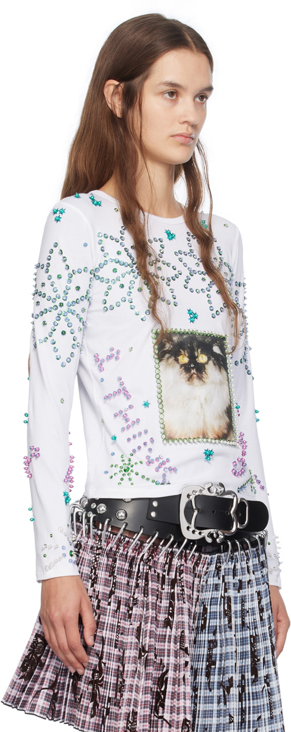お歳暮 人気 Beaded Kitty White Lowena Chopova Long T-Shirt Sleeve トップス