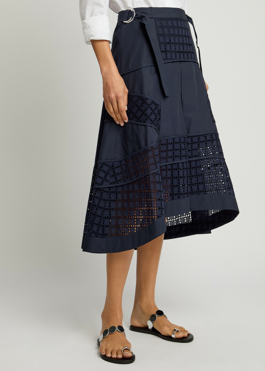 3.1 Phillip Lim Eyelet-embroidered Cotton-poplin Midi Skirt Navy