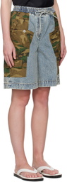 3.1 Phillip Lim Blue & Khaki Patchwork Camo Basketball Denim Cargo Shorts