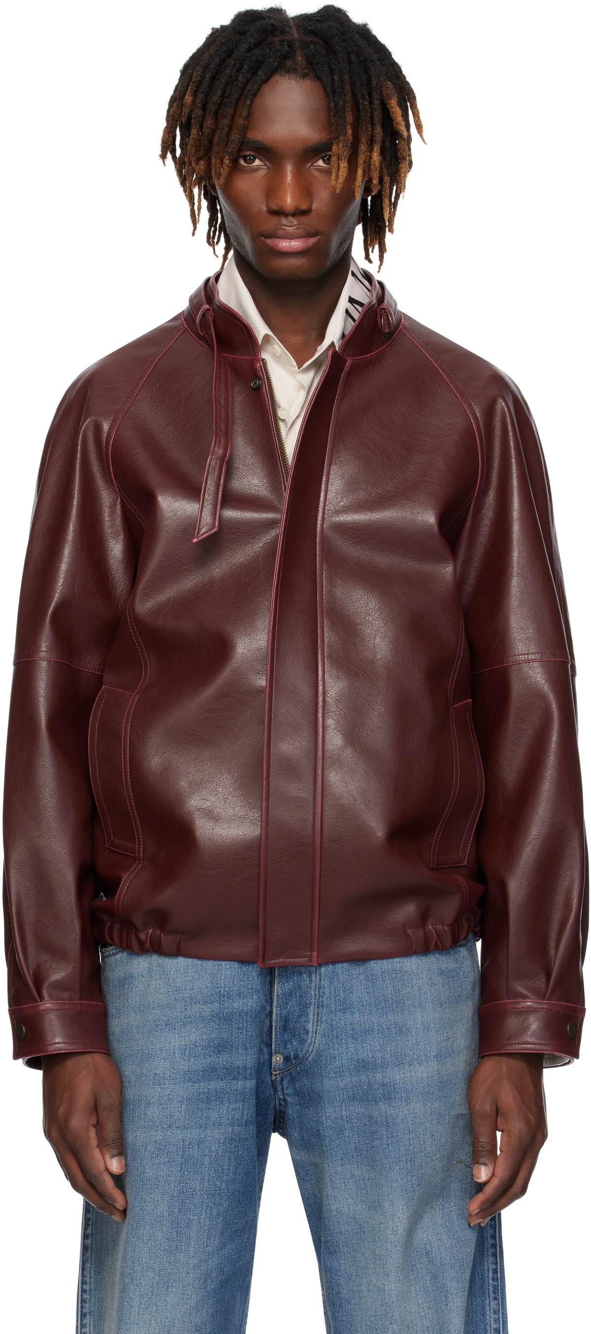 MM6 Maison Margiela: Burgundy Sports Faux-Leather Jacket
