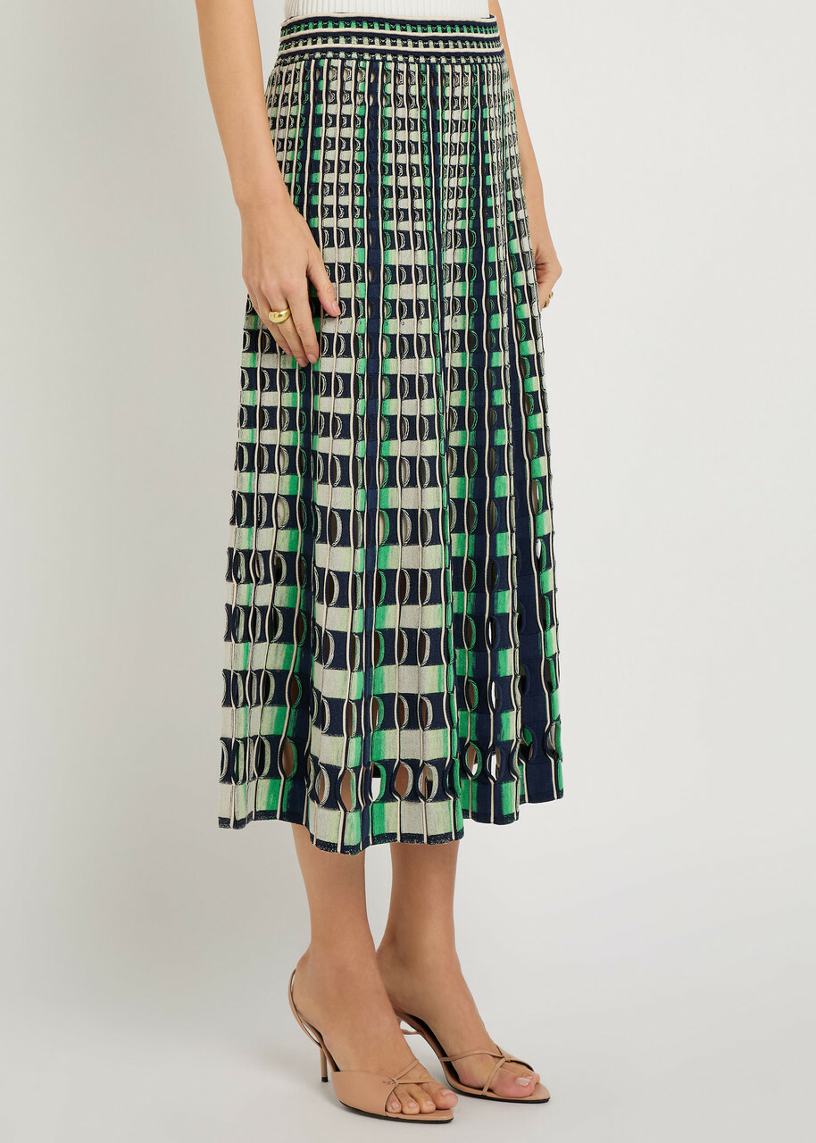 Simkhai Drue Textured Gingham Knit Midi Skirt Navy
