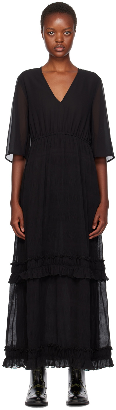 【GANNI】Pleated ette U-neck Maxi Dres GANNI Black Pleated Maxi Dress GANNI