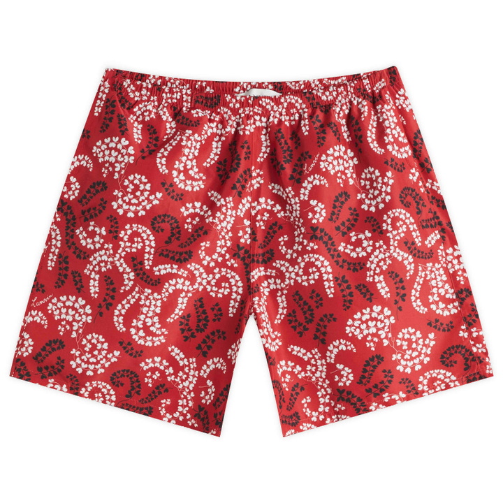 Photo: Lanvin Men's Rateau Print Swim Shorts in Carmine Red