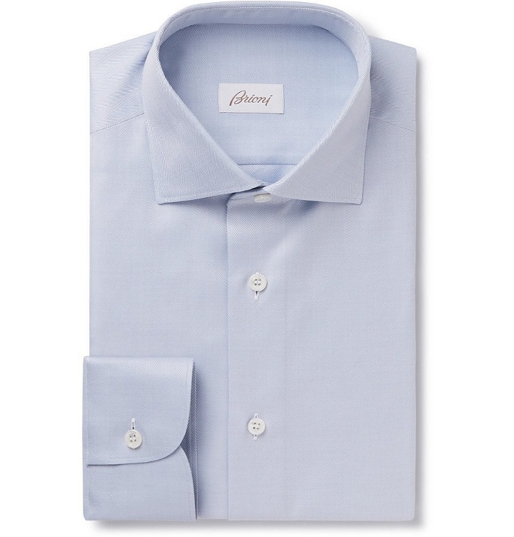 Photo: Brioni - Light-Blue Slim-Fit Cutaway-Collar Herringbone Cotton Shirt - Blue