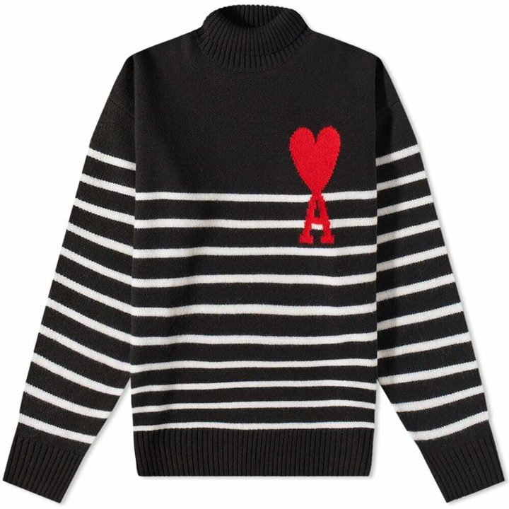 Photo: AMI Men's A Heart Striped Roll Neck Knit in Black/White/Red