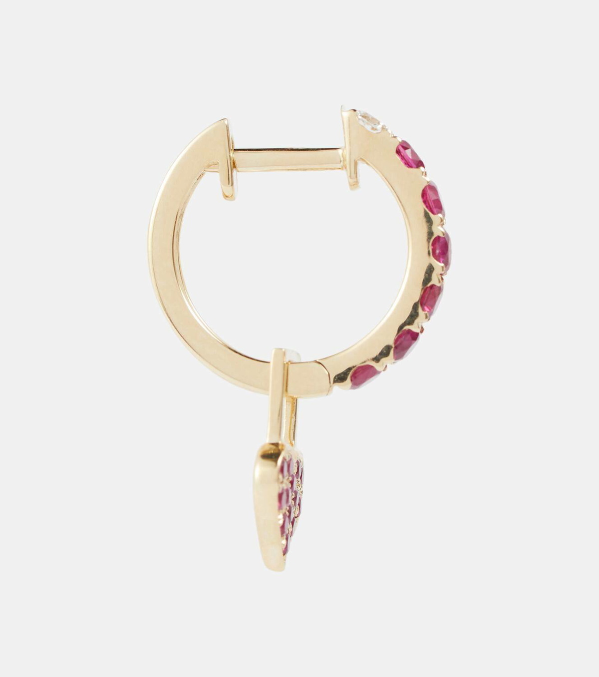 Robinson Pelham Orb Midi and Heart EarWish 14kt gold single hoop earring with diamonds and rubies