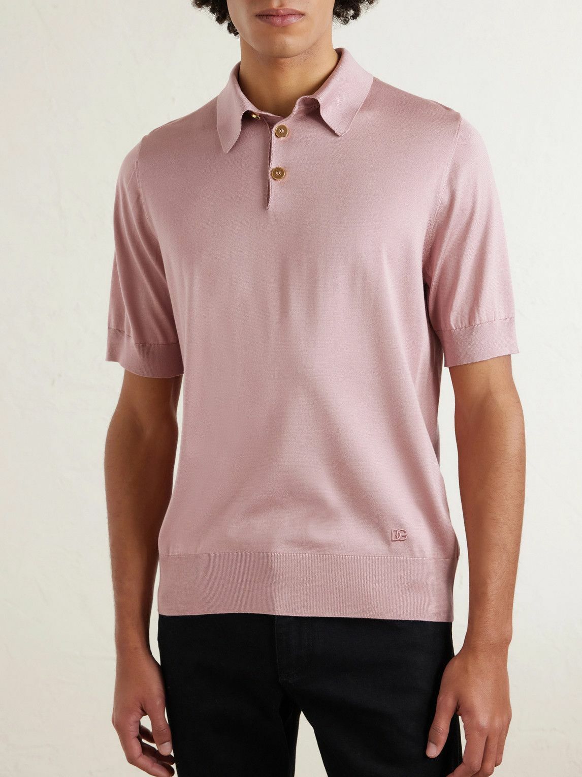 Dolce&Gabbana - Logo-Embroidered Silk Polo Shirt - Pink