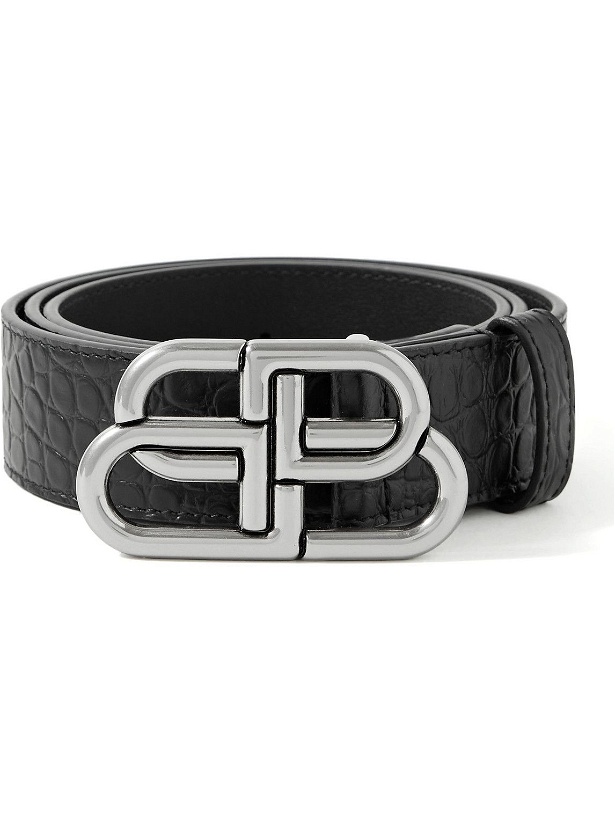 Photo: Balenciaga - 3cm Logo-Embellished Croc-Effect Leather Belt - Black