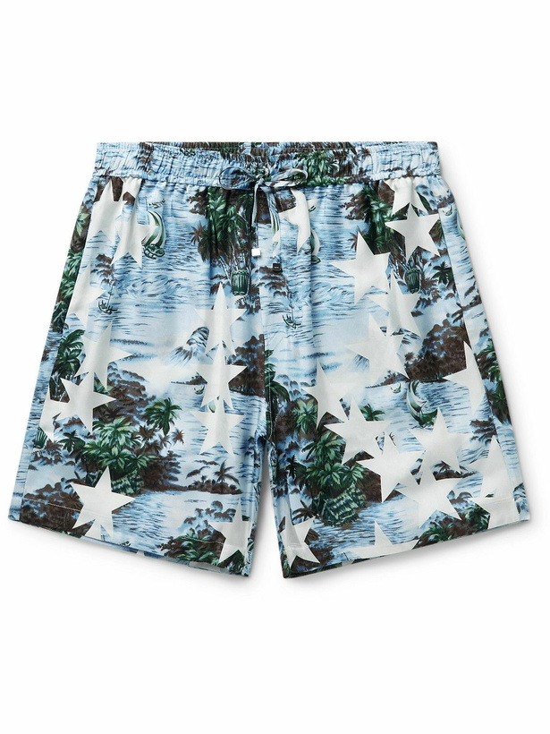 Photo: AMIRI - Straight-Leg Printed Silk-Twill Drawstring Bermuda Shorts - Blue