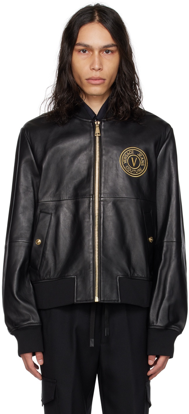Versace Jeans Couture Black V-Emblem Leather Bomber Jacket Versace