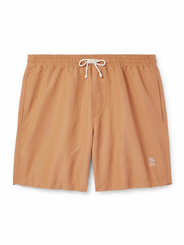 Photo: Brunello Cucinelli - Straight-Leg Mid-Length Logo-Embroidered Swim Shorts - Orange