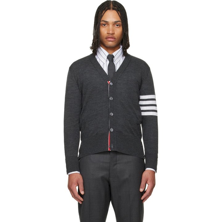 Photo: Thom Browne Gray Merino Wool 4-Bar Classic Cardigan