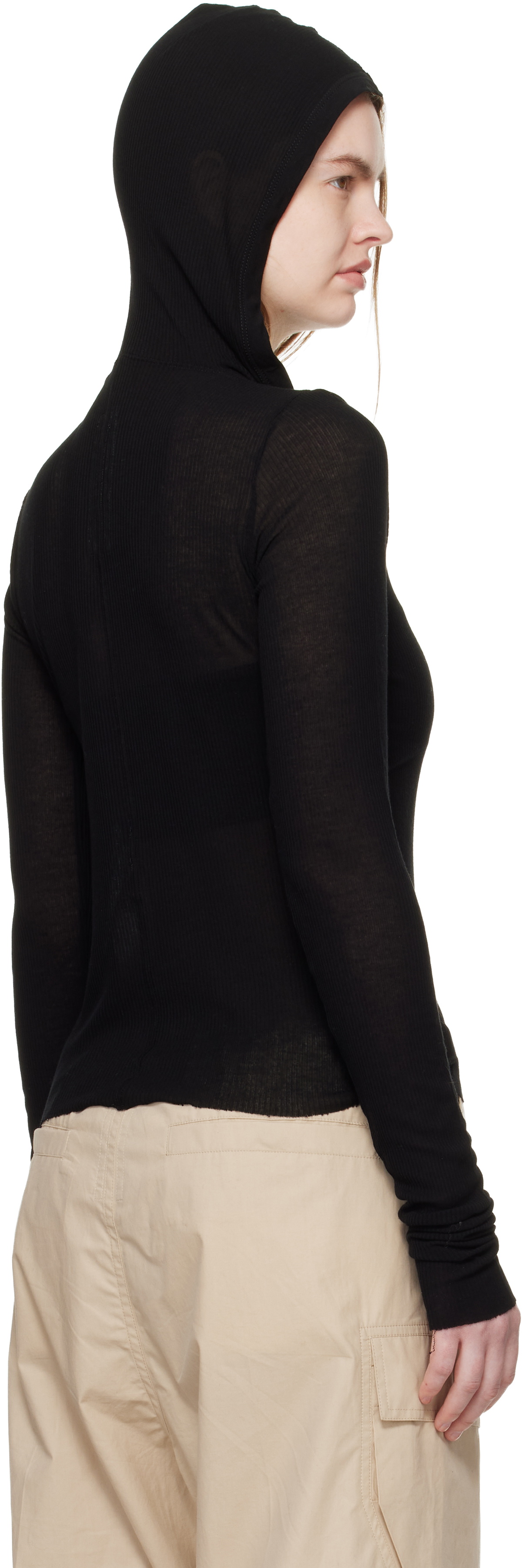 Rick Owens Black Temple Cropped Rib LS Hoodie