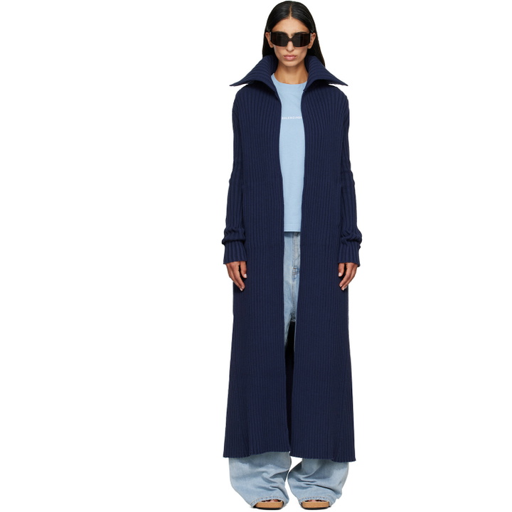 Photo: Balenciaga Navy Cotton Mix Thick Ribs Maxi Cardigan