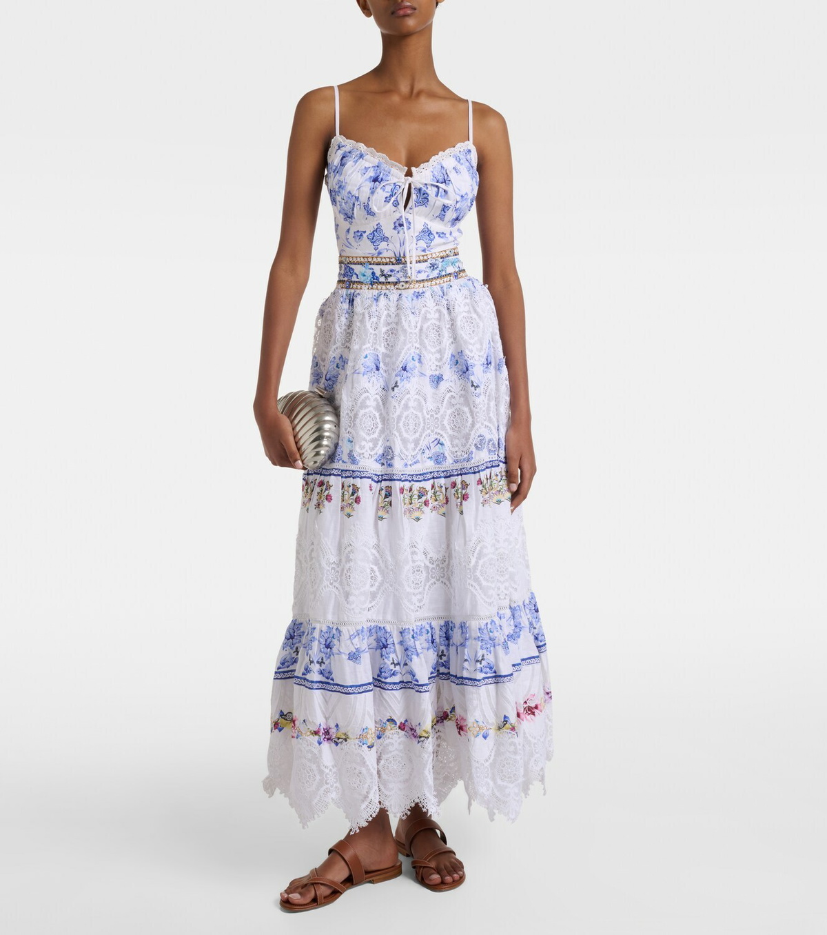 Camilla Printed lace-trimmed linen bra top