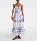 Camilla Printed lace-trimmed linen bra top