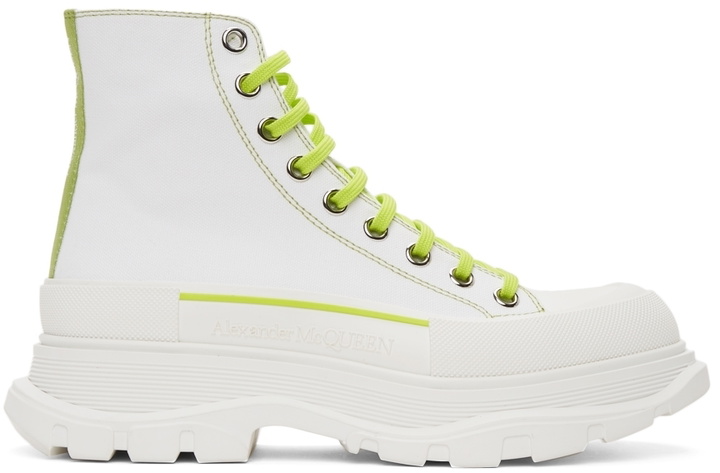 Photo: Alexander McQueen White & Green Tread Slick High Sneakers