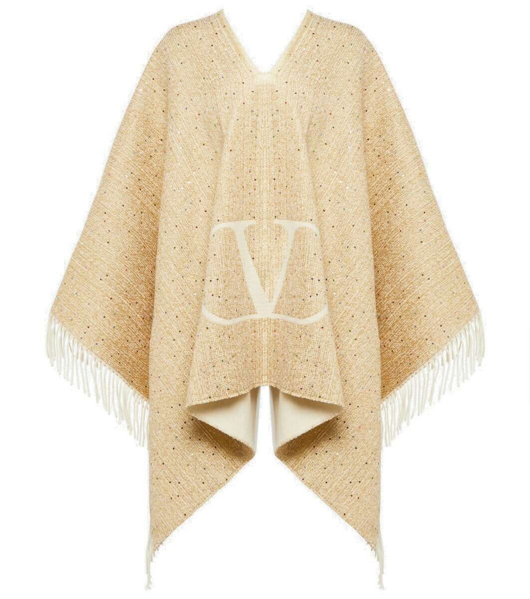 ポンチョ・ケープ Valentino Poncho Double Con Frange Double Toile Iconographe Poncho In Wool, Silk And Cashmere