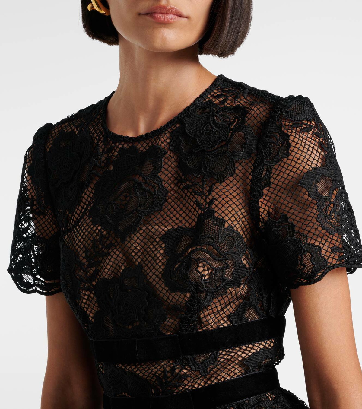 オールインワン・サロペット Self-Portrait Black Lace And Velvet Mini Dress self-portrait Lace Velvet Bow Mini Dress in Black | FWRD