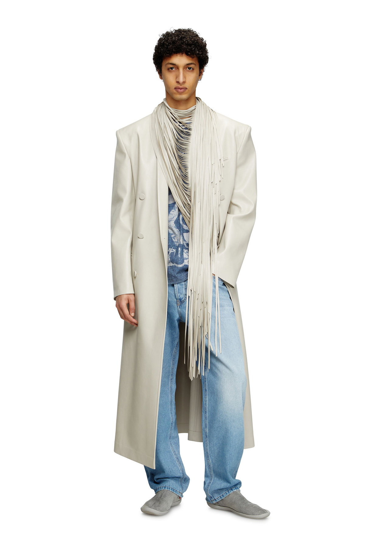 Diesel Long coat with shredded scarf fringing - Jackets Mens in Grey