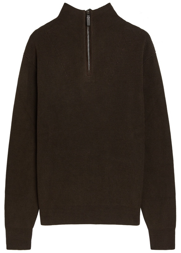 Photo: Tods Ribbed Half-zip Silk and Cotton-blend Jumper Brown