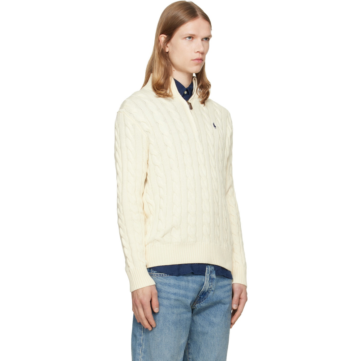 Polo Ralph Lauren Off-White Cable-Knit Cotton Quarter-Zip Sweater