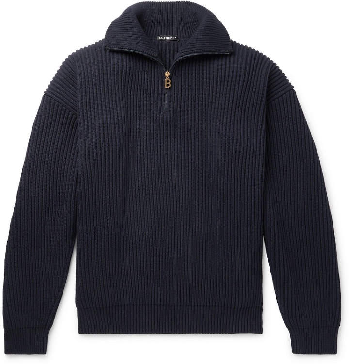 Photo: Balenciaga - Ribbed Cotton Half-Zip Sweater - Blue