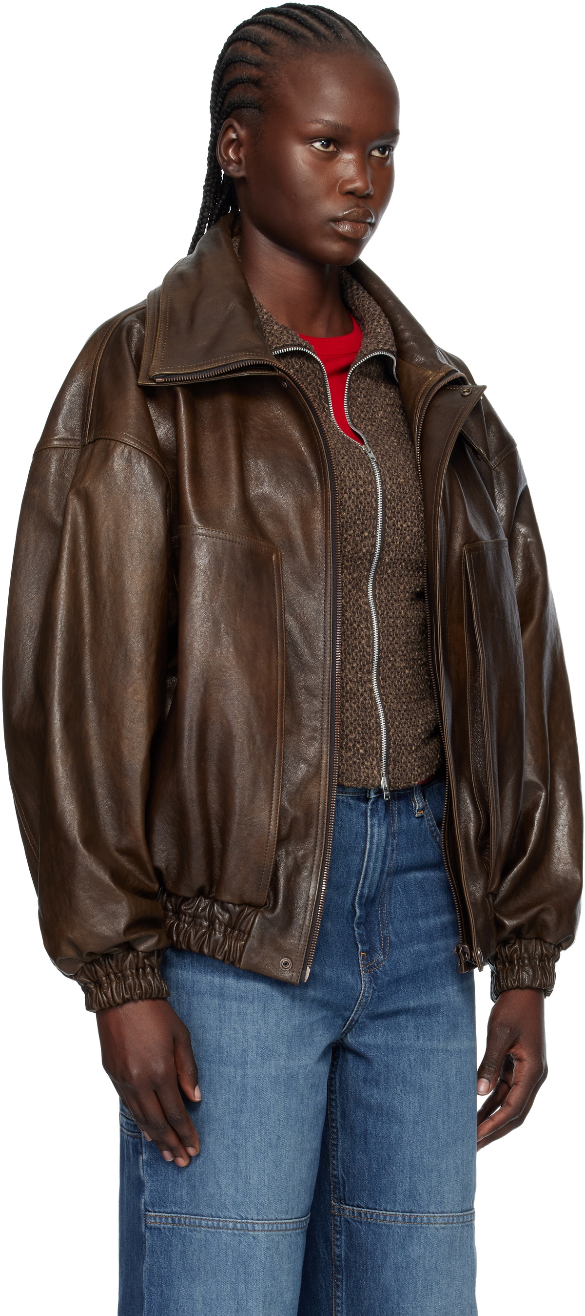 Magda Butrym Brown Snap-Collar Aviator Leather Jacket
