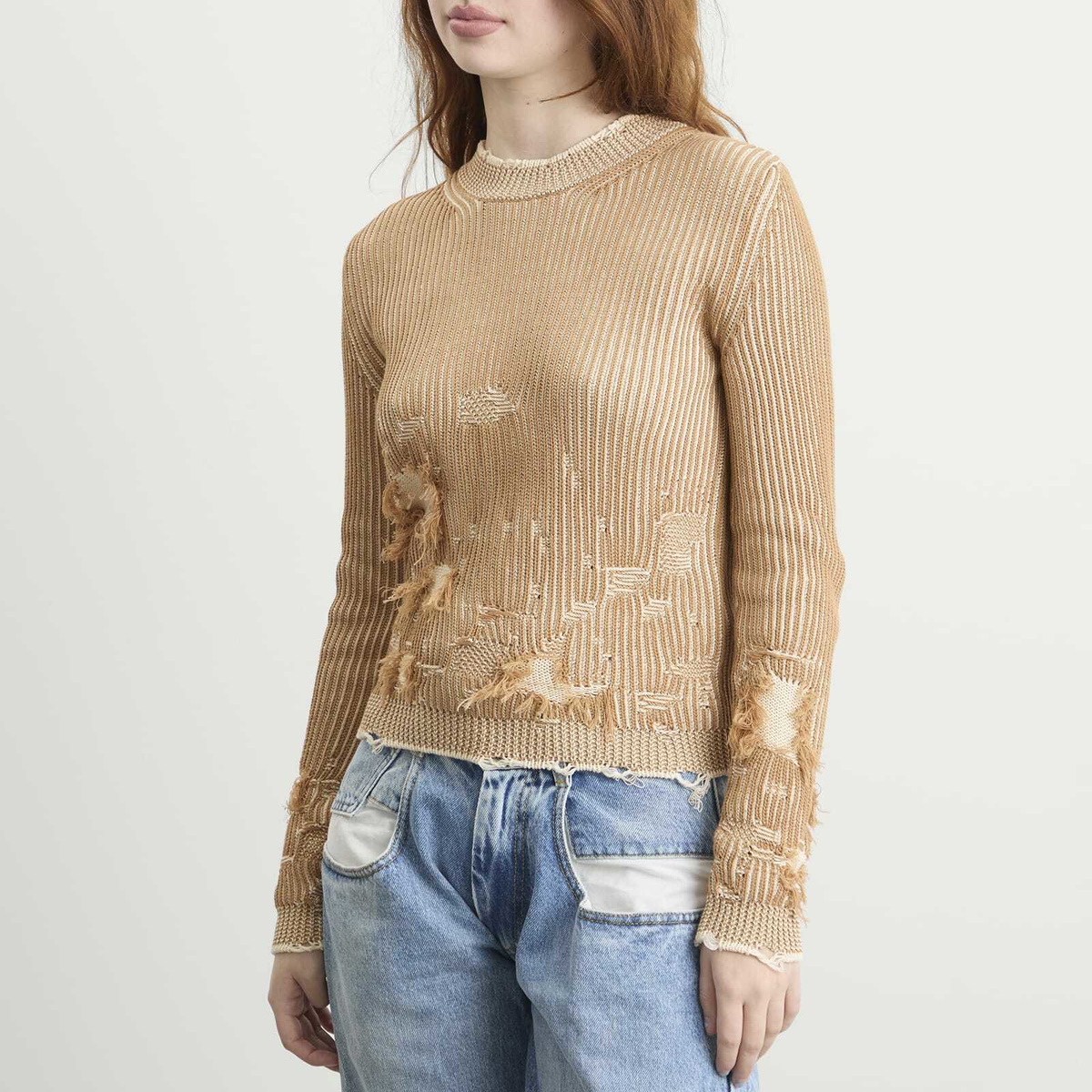 MM6 Maison Margiela Women's Shredded Knit Jumper in Camel/Chalk