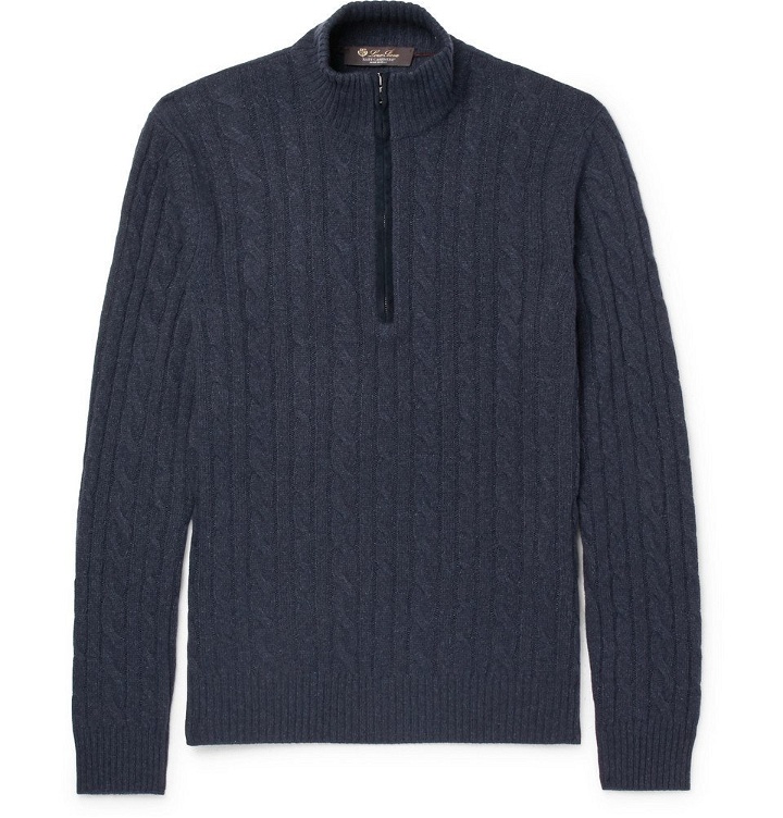 Photo: Loro Piana - Suede-Trimmed Cable-Knit Baby Cashmere Half-Zip Sweater - Men - Navy