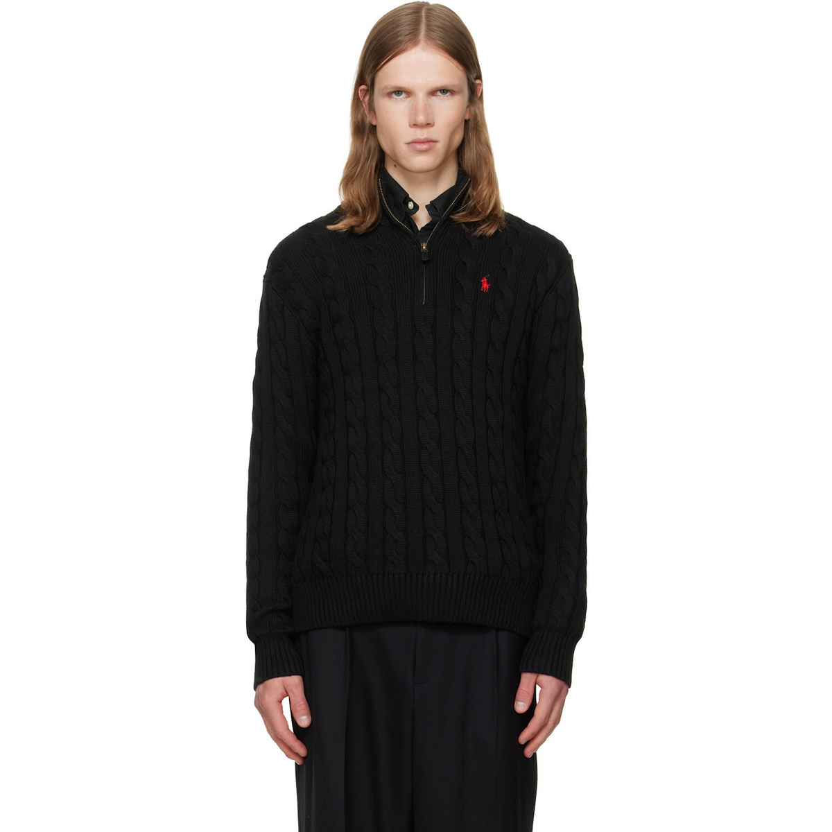 Polo Ralph Lauren Black Cable-Knit Cotton Quarter-Zip Sweater Polo