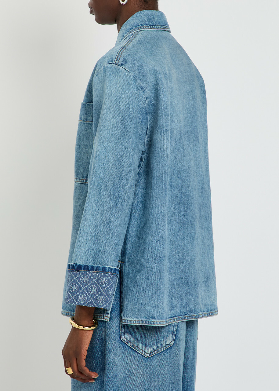 Tory Burch Logo Washed Denim Barn Jacket Blue