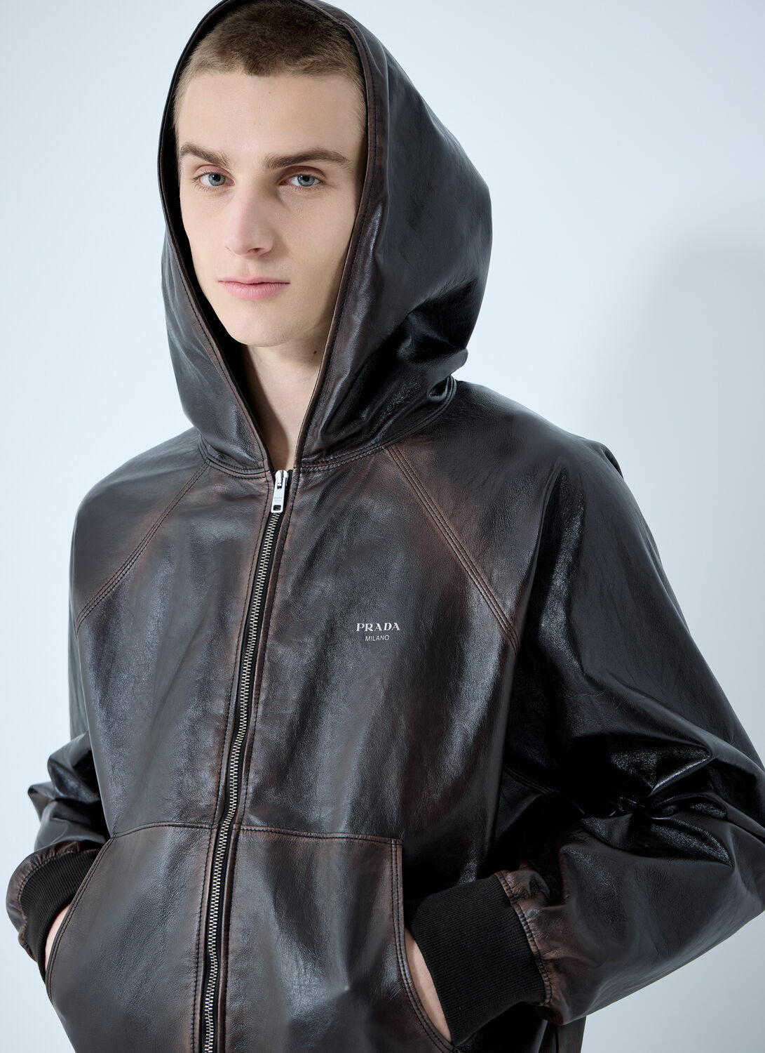 Prada Leather Hooded Jacket