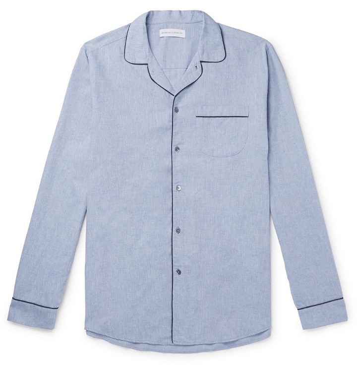 Photo: Desmond & Dempsey - Piped Cotton and Linen-Blend Pyjama Shirt - Blue