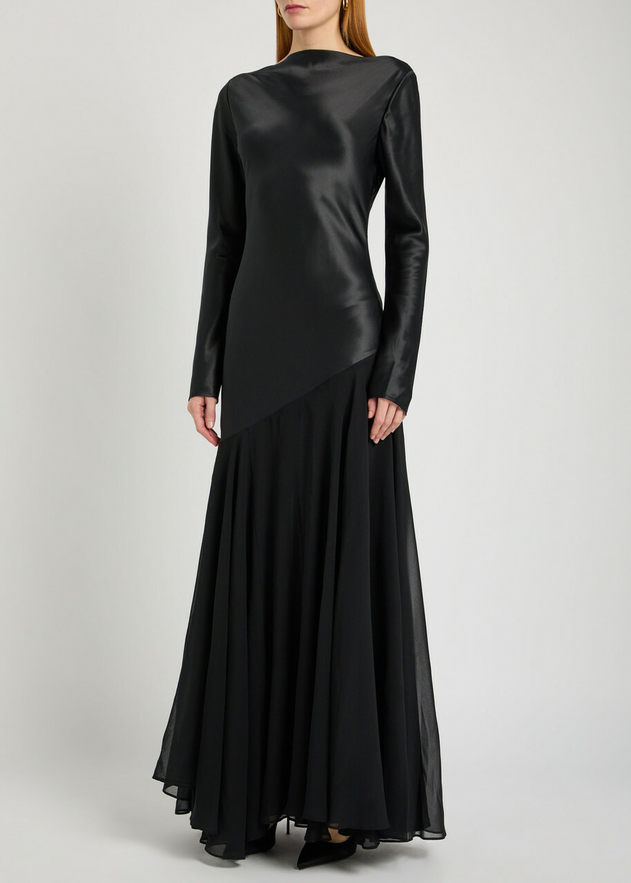 Tove Cordelia Asymmetric Silk Maxi Dress Black