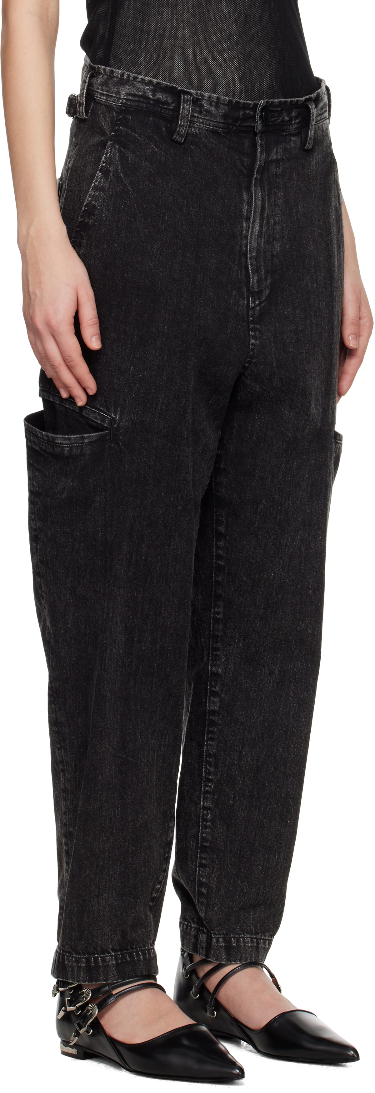 Y's Black 8oz Bleached Denim Tapered Jeans