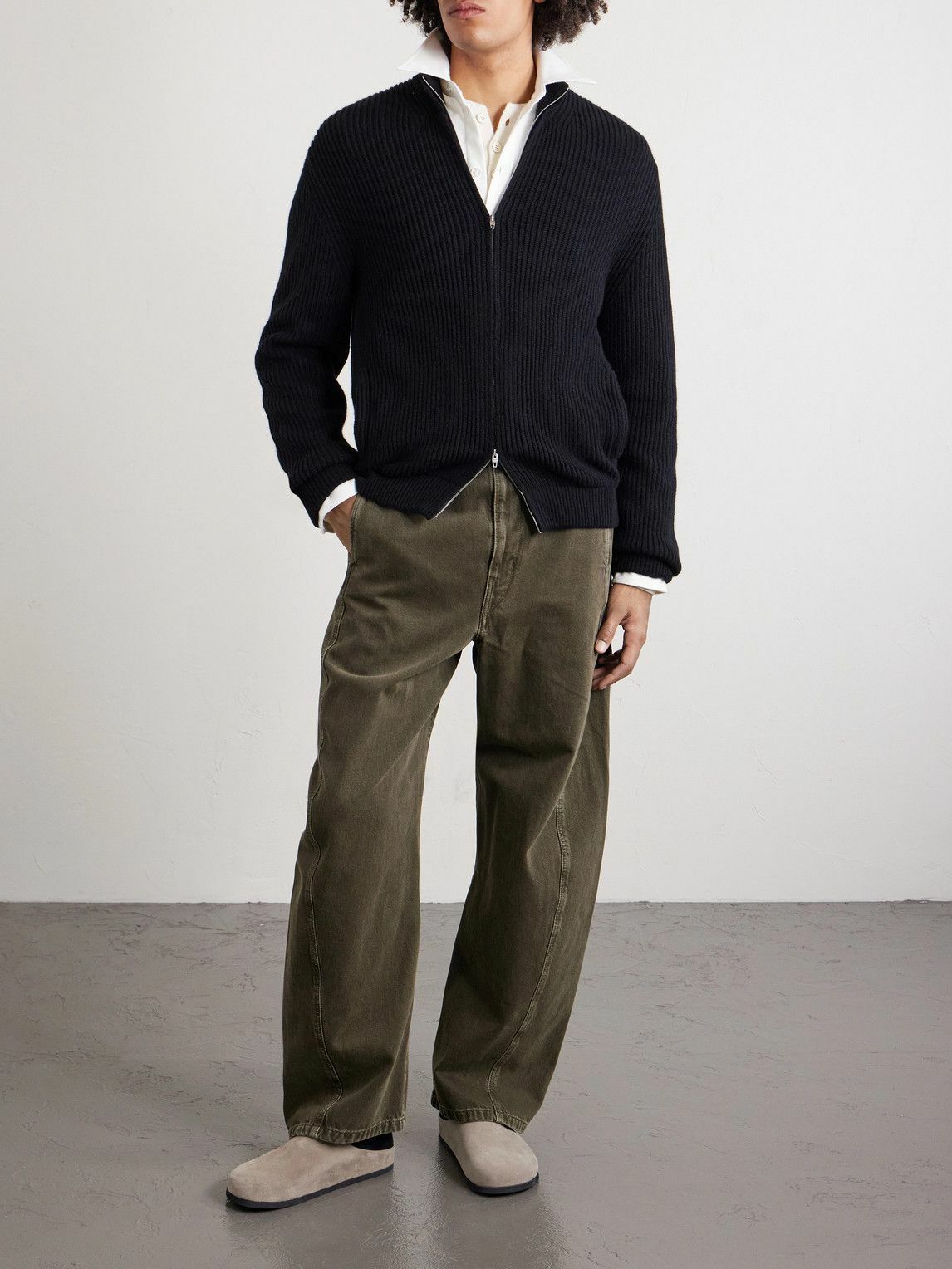 UMIT BENAN - Matt Ribbed Cashmere Zip-Up Cardigan - Black
