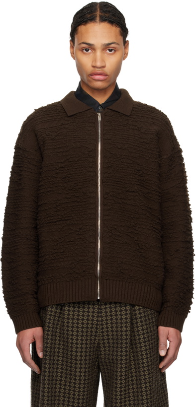 Photo: YOKE Brown Random Jacquard Front Zip Cardigan