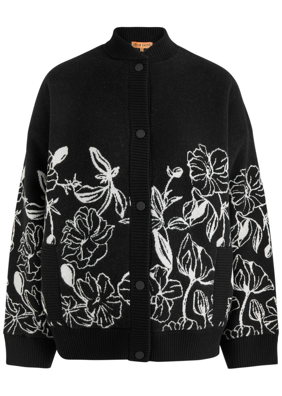 Stine Goya Floral-intarsia Wool-blend Cardigan Black And White